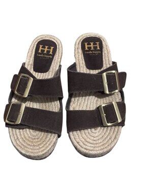 Haute Hippie Black Sandals with Gold Buckles Women Size 7.5 M